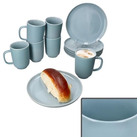 Ritzenhoff & Breker Jasper 12tlg Frühstücksset Graublau I Je 6X kleine Teller & Kaffeebecher 250ml, Höhe 10,4cm für 6 Personen I Tasse, Kuchenteller I Steingut-Geschirr für Frühstücks- & Kaffeezeit