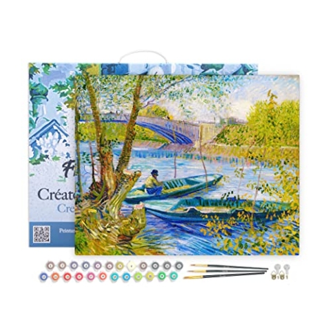 Figured'Art Malen Nach Zahlen Erwachsene Mit Rahmen Angler und Boote an der Pont de Clichy - Van Gogh - Paint by Numbers Basteln DIY Bastelset 40x50cm Leinwand gespannt auf Holzrahmen