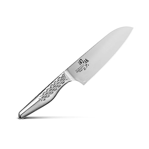 KAI Seki Magoroku Shoso Santoku klein 14,0 cm Klingenlänge - 5CR15MoV Edelstahl 56 (±1) HRC - konvexer Anschliff - 18-8 Edelstahl Griff mit Rautenmuster - japanisches Kochmesser - Made in Japan