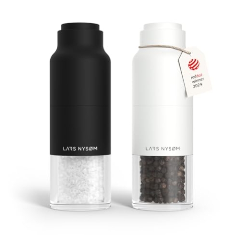 LARS NYSØM Salz und Pfeffermühlenset Edelstahl mit verstellbarem Mahlwerk I Flaschendesign Gewürzmühlen Set Manual (Black/White)