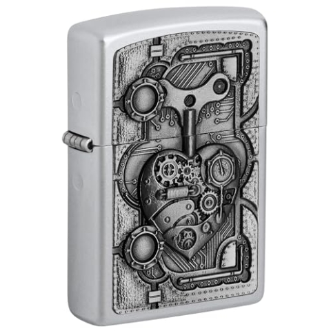 ZIPPO – Steampunk Heart Emblem - Satin Chrome – Sturmfeuerzeug, nachfüllbar, in hochwertiger Geschenkbox