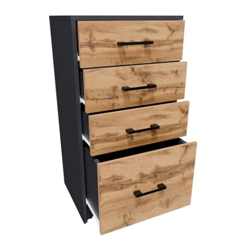 MATKAM Kommode mit vier Schubladen H B T 85 x 45 x 35 cm, Griffe in satinierter Metall-Optik Schublade B T 32 x 33 cm, Führungsschienen aus Metall (Grau-Wotan Eiche)