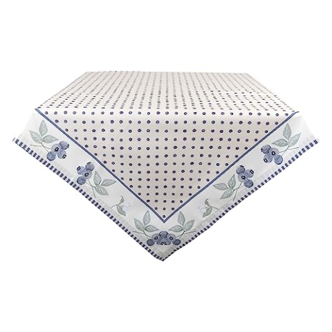 Clayre & Eef Tischdecke 150x150 cm Beige Blau Baumwolle Quadrat Blaubeeren Tischtuch