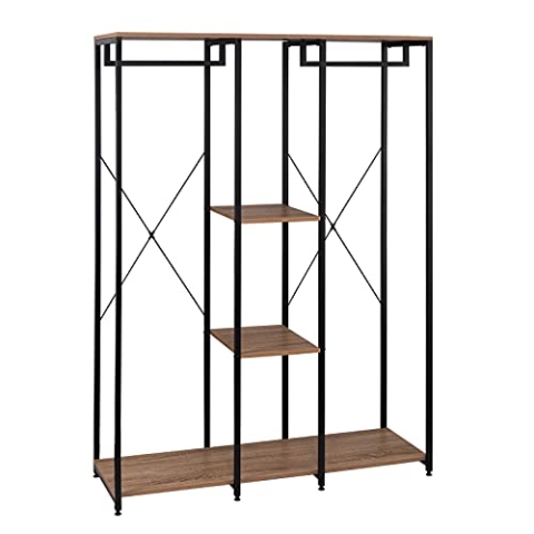 WOLTU XXXL Kleiderständer Freistehender mit Regal Wäscheständer Kleiderschrank Offener Kleiderstange mit Schuhregal für Schlafzimmer, Holz und Stahl, Schwarz + Hell Eiche