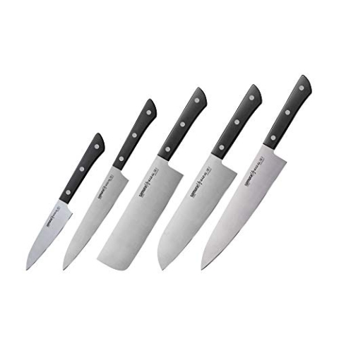 SAMURA Harakiri Profi Messer XXL Geschenk Set Ultra-scharf, AUS 8, Gemüsemesser, Allzweckmesser, Nakiri-Messer, Santoku-Messer, Kochmesser, schwarzer Griff (Schwarz)