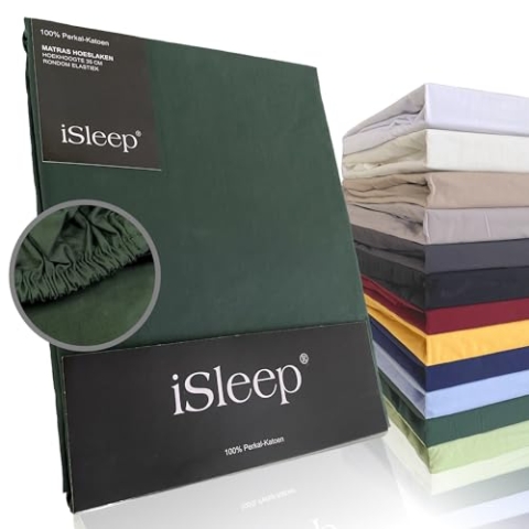 iSleep Spannbettlaken Perkal 100% Baumwolle (dunkelgrün, 160x200 cm)