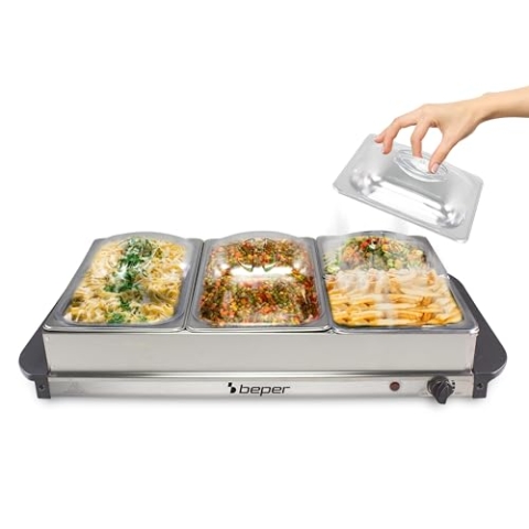 BEPER P101TEM002 Buffetwärmer, Speisenwärmer, 4 herausnehmbare Tabletts + Warmhalteplatte, Einstellbarer Thermostat und wärmeisolierende Griffe, ideal für Partys und Veranstaltungen