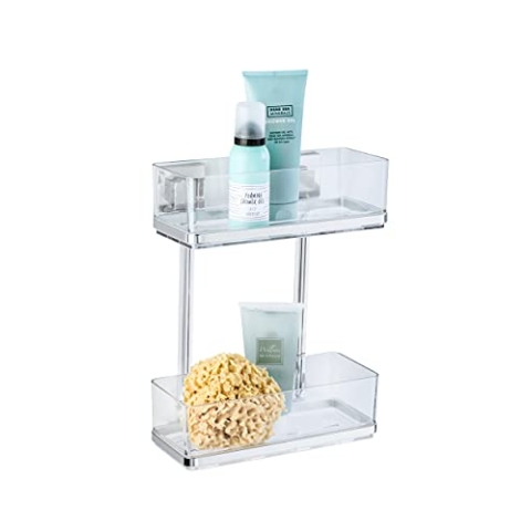 WENKO Vacuum-Loc® Badezimmer Wandregal Quadro Duo, ohne Bohren, mit 2 Etagen, rostfreie Edelstahl Halterung mit herausnehmbarer Kunststoffschale, Pflegeleichte Duschablage, 25,5 x 32,5 x 14 cm