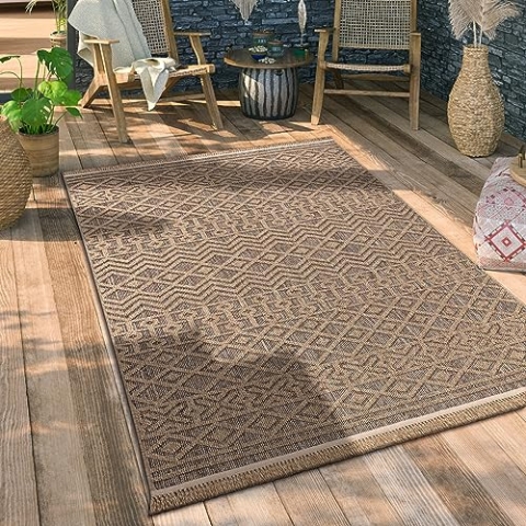 Paco Home Hochwertiger Outdoor Teppich Wetterfest & Pflegeleicht Jute-Sisal-Optik mit Fransen & Hoch-Tief-Effekt Langlebig für Terrasse, Balkon, Garten & Küche, Grösse:120x160 cm, Farbe:Beige