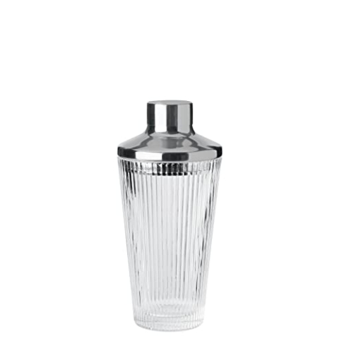 Stelton Pilastro Cocktail Shaker – 400 ml, geriffeltes Glas, Edelstahl, integrierter Messbecher & Sieb, spülmaschinengeeignet, Art-Déco-Design