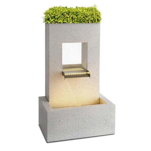 blumfeldt Bloomingstone Zierbrunnen Gartenbrunnen Dekobrunnen Regenbrunnen, mit Pflanzkübel, Indoor & Outdoor, 10 m Kabel, geschlossener Wasserkreislauf, LED, Pumpe: 12 W / 800 l/h, Zink, weiß