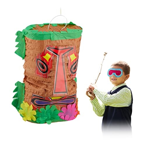 Relaxdays 4 x Pinata Tiki, große Geburtstagspinata zum Befüllen, Schlagpinata Hawaii, Indianer Pinata zum Aufhängen, bunt