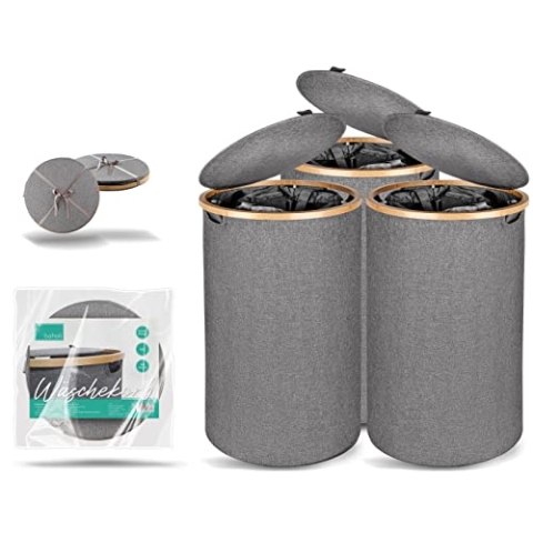 BAHOLI 3er SET Wäschekorb mit Deckel [100L] - Runder Wäschesammler mit herausnehmbaren Wäschesäcken - Faltbare Wäschebox mit stabilem Stand - Wäschetonne rund - Laundry Baskets