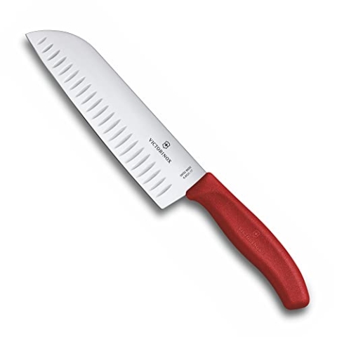 Victorinox Swiss Classic, Profi Santokumesser, Extra Scharfe Klinge, Kullenschliff, 17 cm, Robuster Kunststoffgriff, Rostfreier Stahl, rot
