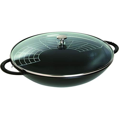 STAUB Gusseisen Wok, Ø 37 cm, Inkl. Glasdeckel und herausnehmbaren Gittereinsatz, für alle Herdarten inkl. Induktion, 5,7 L, Schwarz