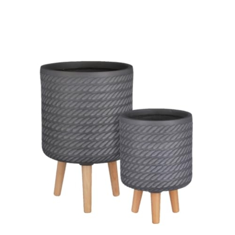 MICA Decorations Blumentöpfe Corda 2er Set auf Füßen Wetterfest Magnesium Grau- H 46 x Ø 30 cm - Kunstoff Pflanzkübel für draussen