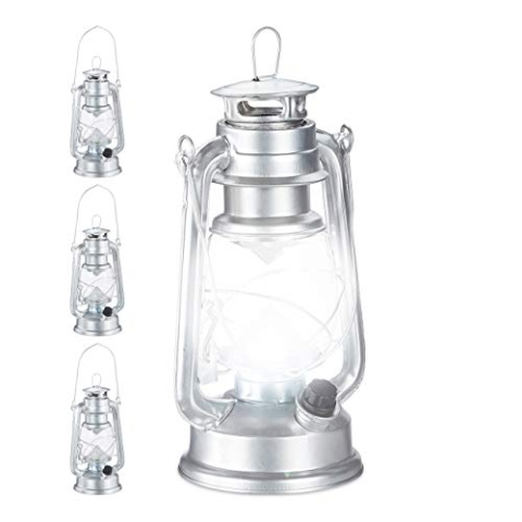 Relaxdays 4 x Sturmlaterne LED, Retro Sturmlampe als Fensterdeko oder elektrische Gartenlaterne, batteriebetrieben, Silber