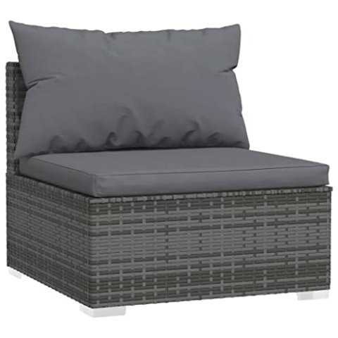 vidaXL Garten Mittelsofa mit Kissen Modular Gartensofa Sofa Lounge Gartenmöbel Einzelsofa Outdoor Terrasse Balkon Grau Poly Rattan