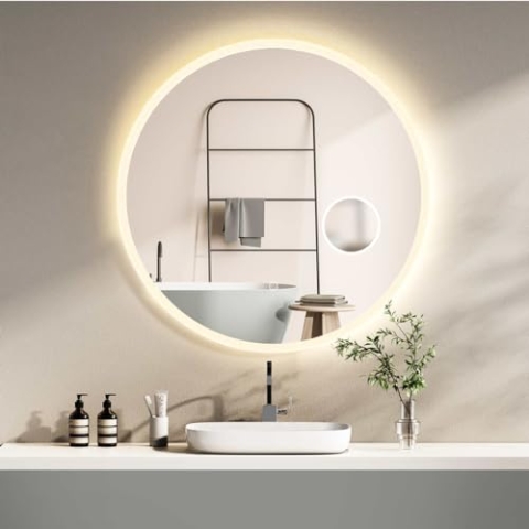 HOKO Runder LED Badspiegel 80cm Hamburg. Designspiegel mit KOSMETIKSPIEGEL 3-Fach, Bad Spiegel LED beleuchtet mit Touch Schalter, LED Licht Wechsel - Warmweiß - Kaltweiß - Neutral