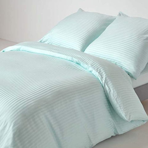 HOMESCAPES 2-teiliges Damast-Bettwäsche-Set Aqua, ägyptische Baumwolle mit Satin-Streifen,1 Bettbezug 155x220 cm & 1 Kissenbezug 80x80 cm