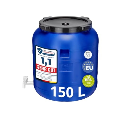 Garronda 150 Liter Weithalsfass BPA-frei Futtertonne Fass mit Hahn Universalfass Lebensmittel Fass Regenfass für Garten Regentonne mit Deckel Regenwassertonne für Garten Wassertonne GD-0092, Blau