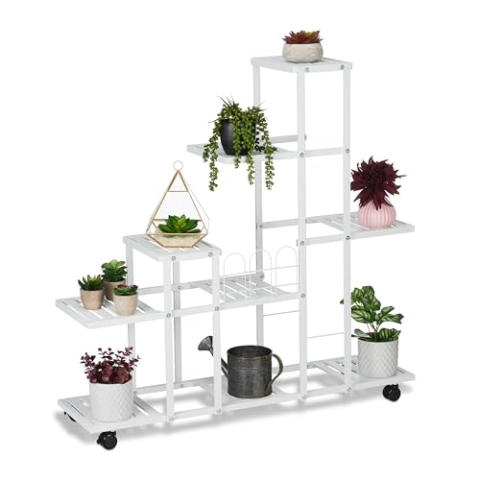 Relaxdays Blumenständer mit Rollen, H x B x T: 91,5 x 93 x 26 cm, Metall, 9 Ablagen, Pflanzenständer für innen, weiß