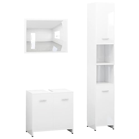 vidaXL Badmöbel Set 3-TLG. Hochschrank Unterschrank Spiegel Waschbeckenunterschrank Badezimmermöbel Badezimmerschrank Badschrank Hochglanz-Weiß Holzwerkstoff