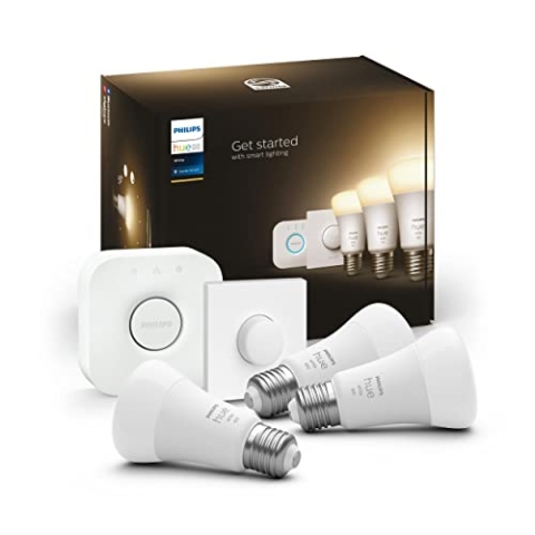 Philips Hue White E27 3er Starter Set inkl. Smart Button und Bridge, 3x1055lm, warmweißes Licht, dimmbar, steuerbar via App, kompatibel mit Amazon Alexa (Echo, Echo Dot)