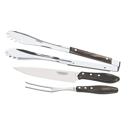 Tramontina Grillbesteck Set, 3-teilig, Grillzange, Tranchiermesser,Tranchiergabel aus rostfreiem Edelstahl, FSC, Tramontina_29899/267, Braun