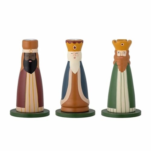 Bloomingville Betiel 3er Set Kerzenhalter aus Holz in Form der Heiligen DREI Könige, Höhe: 10,5 cm, Grün