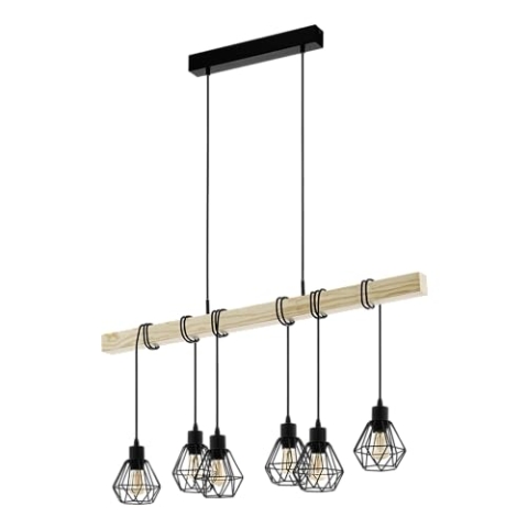 EGLO Pendellampe Townshend 5, 6 flammige Vintage Pendelleuchte im Industrial Design, Retro Hängelampe aus Stahl und Holz, Farbe Schwarz, braun, FSC zertifiziert, E27