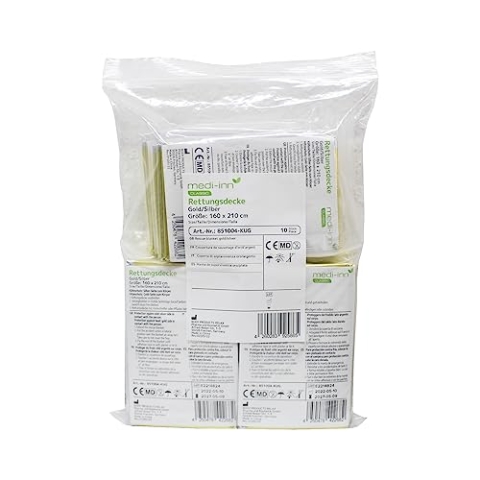 Medi-Inn+ Rettungsdecke Gold Silber | 160 x 210 cm | Notfalldecke für Erste Hilfe | Kälteschutz | Hitzeschutz (100 Stück)