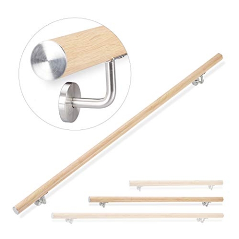 Relaxdays Handlauf Aluminium, rund, Treppengeländer innen, außen, Buche-Optik, 150 cm, Ø 42mm, mit Wandhalterung, natur
