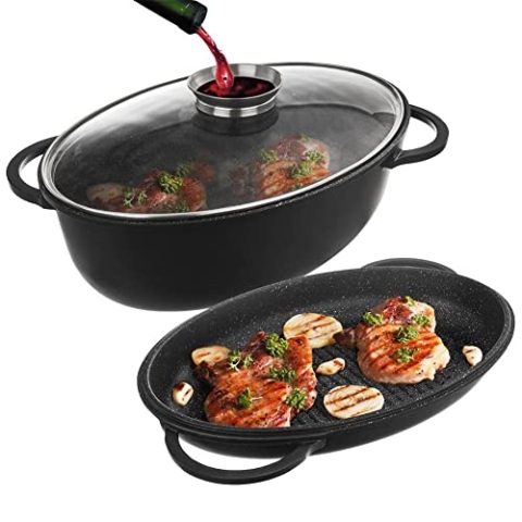 Orion Group Bräter Induktion mit Granitbeschichtung | Bratentopf Schmortopf mit Deckel Grilltopf Grillpfanne Gusseisen | Topf Backofengeeignet 3in1 | GRANDE 10 l | Schwarz