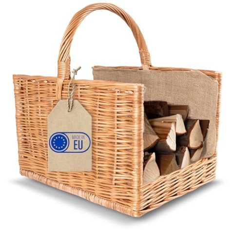 Creative Home Groß Kaminkorb Holzkorb Kaminholzkorb Rattan | 50 x 34 x 50 cm | Aufbewahrung Rechteckig Weidenkorb für Kaminholz/Holz | Braun Dick Weide Feuerholzkorb Holztrage Tragekorb