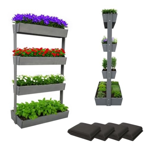 Vertikalbeet Vera Hochbeet Grau Holz 4 Etagen Blumenkasten - Blumentreppe Kräuterbeet Frühbeet Pflanzkasten inkl. Gartenvlies - Stufenbeet 85x45x140 cm für Terrasse Balkon & Wintergarten