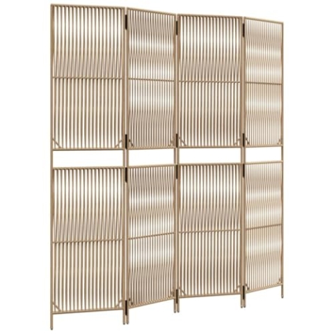 vidaXL Paravent 4-TLG., Raumteiler Linien-Webdesign Faltdesign, Trennwand Sichtschutz für Innen Außen, Spanische Wand Raumtrenner, Beige Poly Rattan