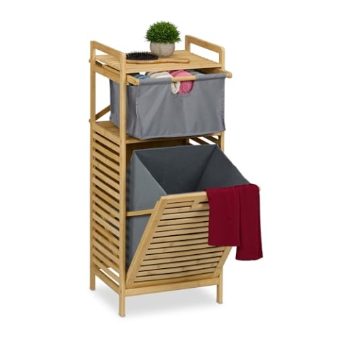 Relaxdays Wäschekorb, kippbarer Wäschesammler, 30 Liter, Ablage & Schublade, Bambus, Stoff, HBT: 95x40x33 cm, Natur/grau
