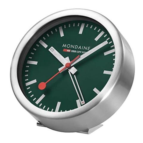 Mondaine Mini Wanduhr und Wecker mit Gehäuse aus Aluminium in Silber, Zifferblattfarbe: Waldgrün, Durchmesser: 12.5 cm, A997MCAL66SBV
