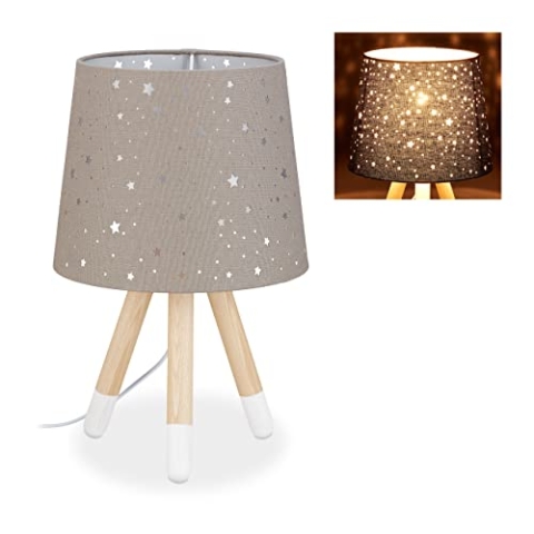Relaxdays Tischlampe Kinderzimmer, Nachttischlampe Sterne, Jungen & Mädchen, E14, runder Stoffschirm, 40 cm hoch, grau