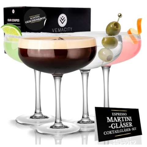 Vemacity Elegante Espresso Martini Gläser 4er Set | Handgefertigte Cocktailgläser Set | Ideal Champagner Schalen und Champagner Gläser | Edle Coupe für Margarita & Cocktails | Martinigläser