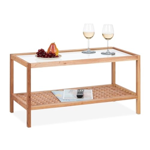 Relaxdays Beistelltisch, Wohnzimmertisch mit Glasablage, HBT 40x80x40 cm, Ablagetisch Walnussholz, Kaffeetisch, Natur, Glas, 40 x 80 x 40 cm