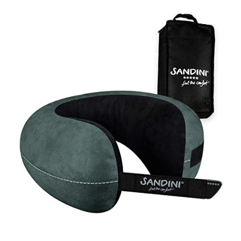 SANDINI TravelFix Regular Size – Mikrofaser – Premium Reisekissen Made in EU/Nackenkissen mit ergonomischer Stützfunktion – Gratis Transporttasche mit Befestigungs-Clip