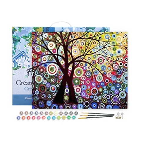 Figured'Art Malen Nach Zahlen Erwachsene Mit Rahmen Baum im Buntglaseffekt - Paint by Numbers Basteln DIY Bastelset 40x50cm Leinwand gespannt auf Holzrahmen