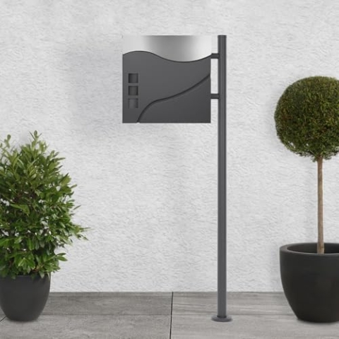 ECD Germany Standbriefkasten mit Zeitungsfach, Design Briefkasten mit Pfosten, Briefkastenständer Anthrazit 120cm Postkasten Anthrazit/Silber 37x10,5x36,5cm, Edelstahl pulverbeschichtet/matt gebürstet