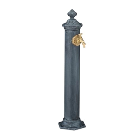 Relaxdays Standbrunnen Antik, mit Wasserhahn, HBT: 84x21,5x25 cm, Wasserzapfsäule Garten, Terrasse, Zierbrunnen, grau