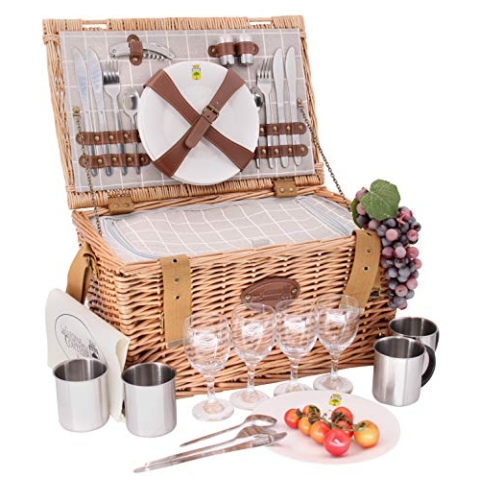 Les Jardins de la Comtesse - Picknick-Korb aus Weidengeflecht Concorde - für 4 Personen, Kühlbox, Teller, Weingläser, Timbales aus Aluminium, Stoff, Farbe: Weiß und Grau, 47 x 31 x 24 cm