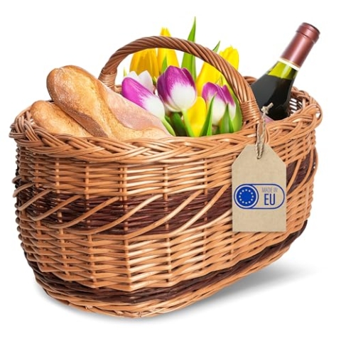 Creative Home Große Picknickkorb Weidenkorb mit Henkel Einkaufskorb | 52 x 35 x 36 cm (+/- 1 cm) | Groß, Leicht | Zweifarbig | Handgeflochten | Autokorb Universell, Deko