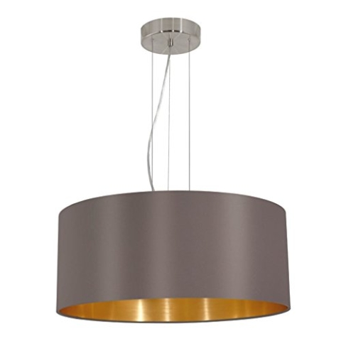 EGLO Pendellampe Maserlo, 3 flammige Textil Pendelleuchte, Hängeleuchte aus Metall in Silber mit Lampenschirm in Cappuccino und Gold, E27 Fassung, Ø 53 cm