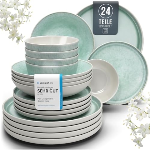 Steingut Geschirrset 6 Pers. Ibiza 24-tlg Hochwertiges Mediterranes TEST SEHR GUT Steingut Geschirr Set - Schüssel- und Teller Set - Tafelservice 6 Personen Geschirrsets Pure Living in Türkis